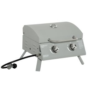 Outsunny 2 Burner Propane Gas Grill Portable Tabletop BBQ with Foldable Legs Lid Thermometer for Camping Light Grey