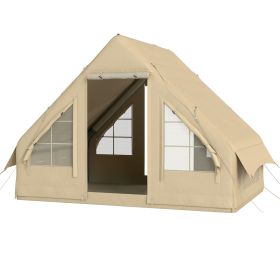 Inflatable Camping Tent With Hand Pump, 4 Season Blow Up Tent, Waterproof And Windproof With Mesh Windows And Doors (Color: Beige)
