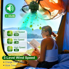 Portable Camping Ceiling LED Fan 10400mAh USB Battery Powered Hanging Tent Lantern Fan Power Bank with 3 Fan Speed 3 Light Brightness Smart Timer (Battery Capacity: 5200mah)